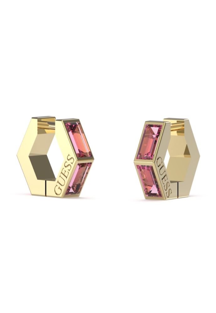 Guess Orecchino Esagonale Acciaio Gold Cristalli Rubino