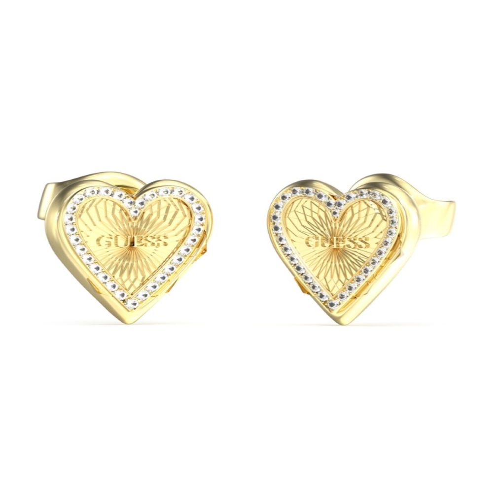 Guess Orecchini Lobo Acciaio Gold Cuore e Zirconi