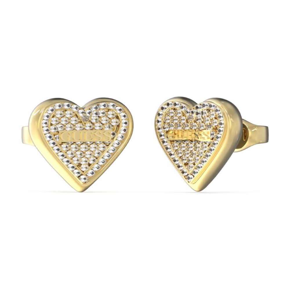 Guess Orecchini Lobo Acciaio Gold Cuore Zirconato