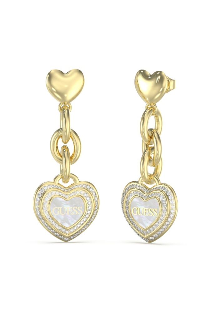 Guess Orecchini Acciaio Dorato con Cuore e Cristalli