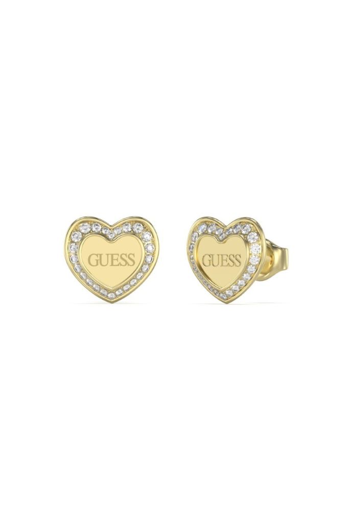 Guess Orecchini Lobo Acciaio Dorato Cuore e Cristalli