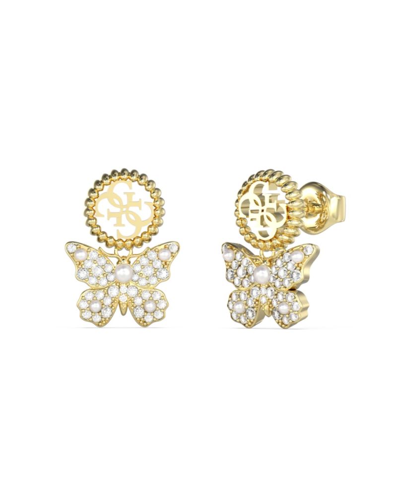 Guess Orecchini Acciaio Dorato Logo 4G e Farfalle