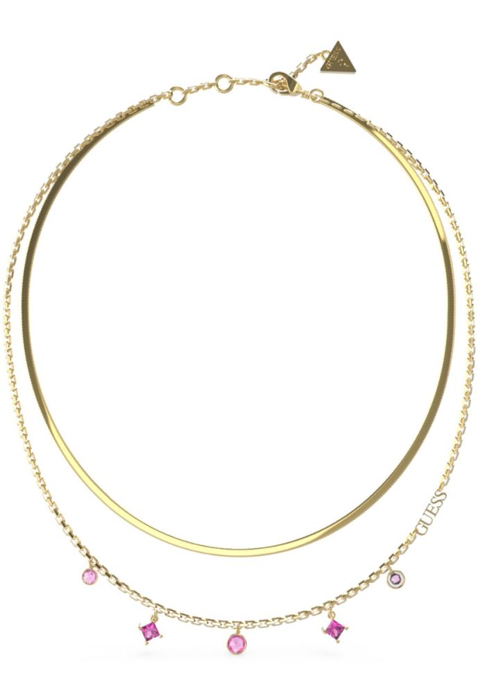 Guess Collana 2 Fili Acciaio Gold Cristalli Fucsia