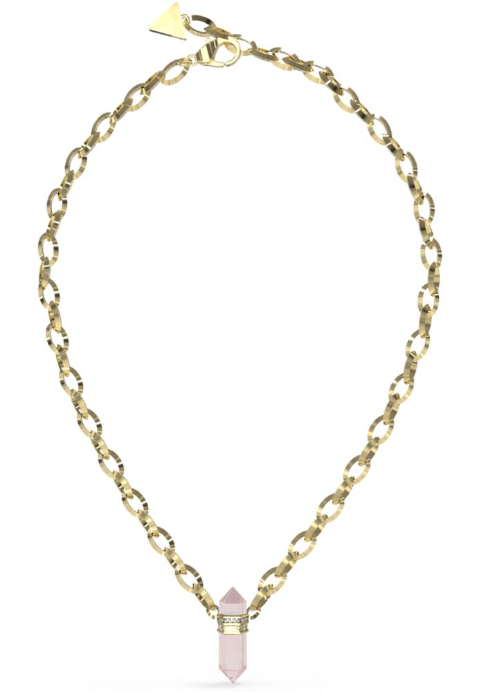 Guess Collana Catena Ovale Acciaio Gold e Quarzo Rosa
