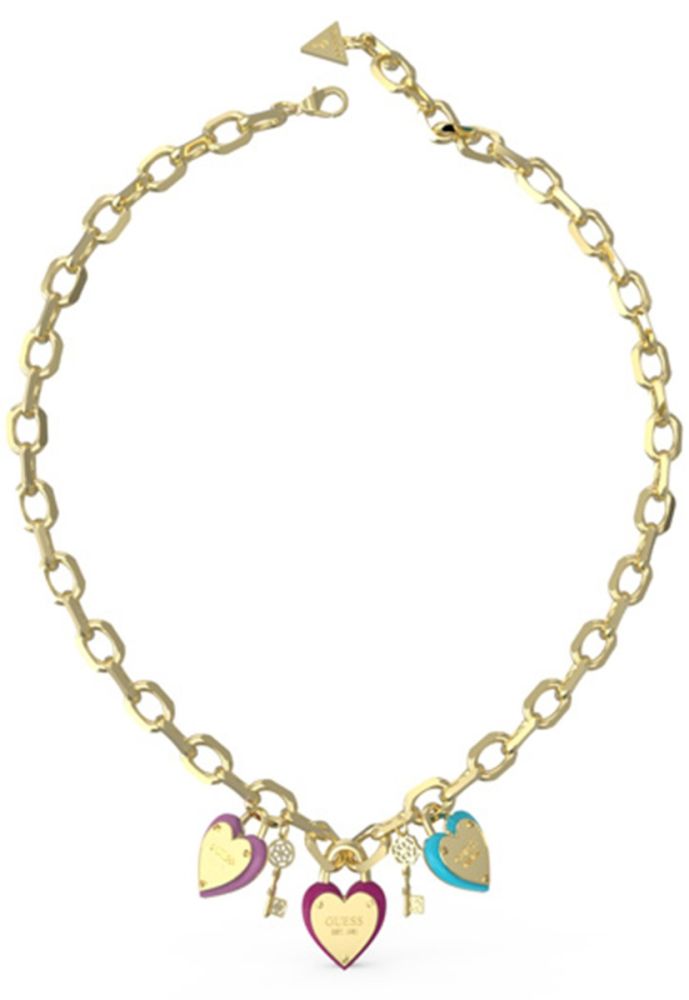 Guess Collana Acciaio Dorato Lucchetti Smalto Multicolor