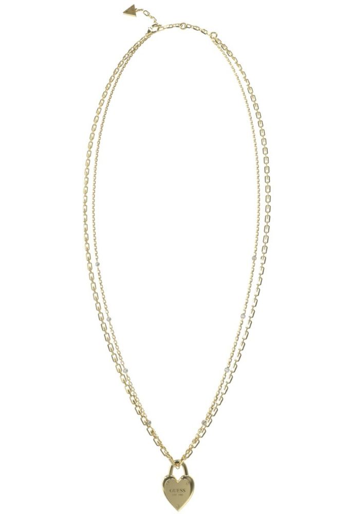 Guess Collana 2 Fili Acciaio Dorato Cuore Lucchetto