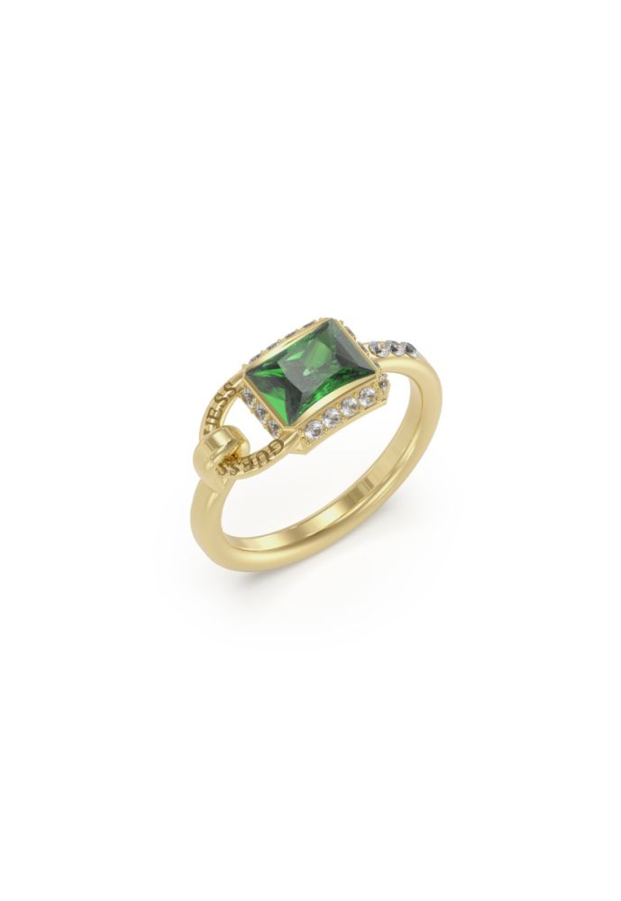 Guess Anello Acciaio Gold Lucchetto Cristallo Verde