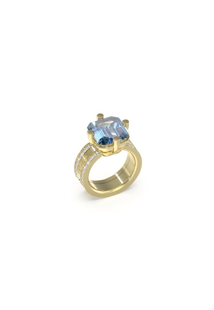Guess Anello Acciaio Dorato Cristallo Blu