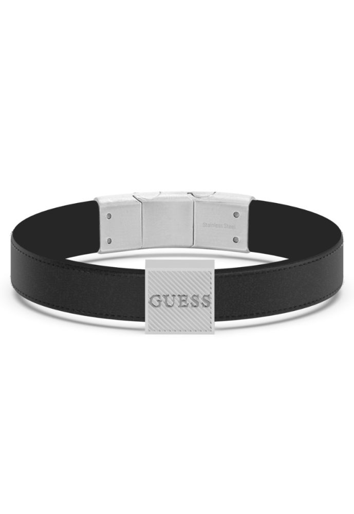 Guess Bracciale Uomo Pelle Nera e Acciaio