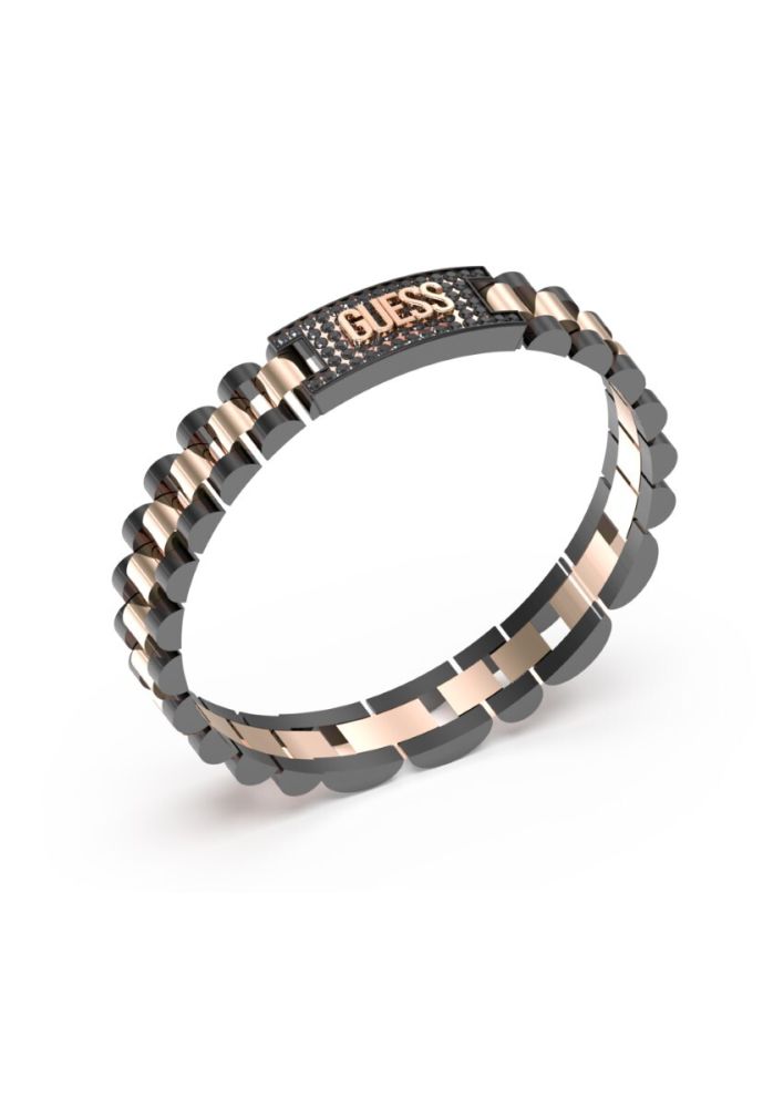 Guess Bracciale Acciaio Rosè e Nero con Piastra