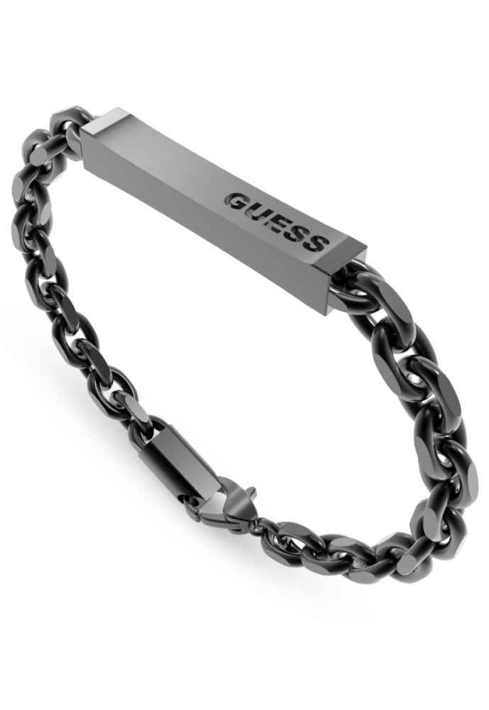 Guess Bracciale Uomo Acciaio Ip Nero Con Piastra