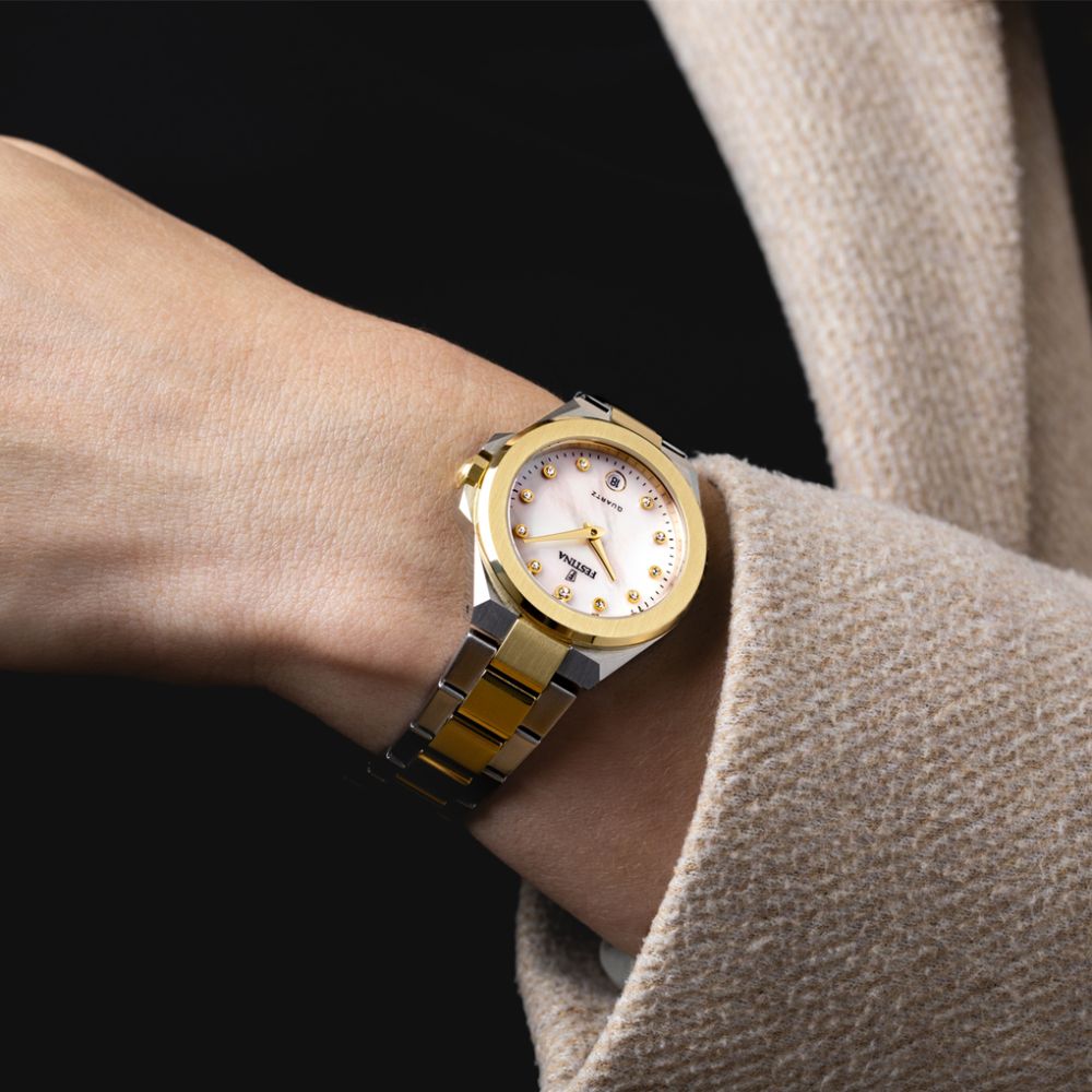 Festina Orologio Solo Tempo Acciaio Bicolore Quadrante Beige