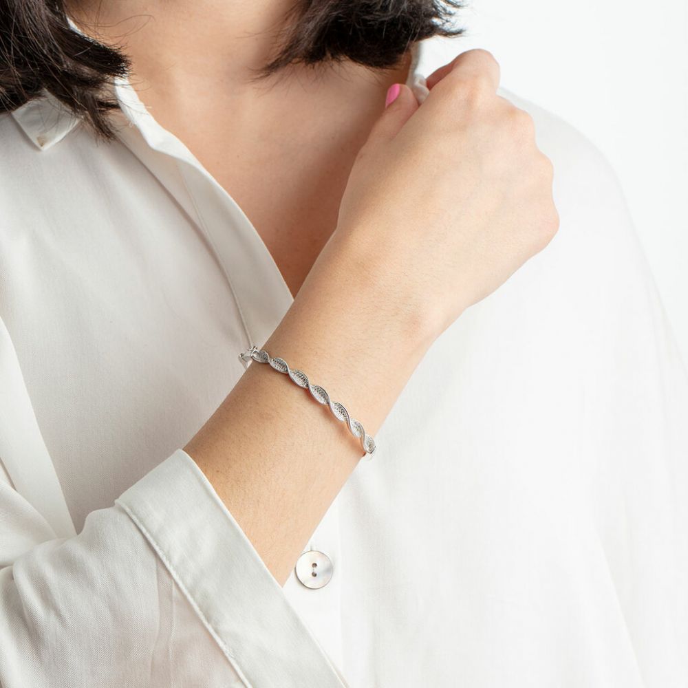 Lotus Bracciale Rigido Argento Intreccio Con Zirconi