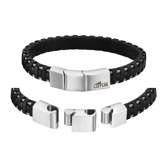 Lotus Bracciale Uomo Pelle Nera e Acciaio
