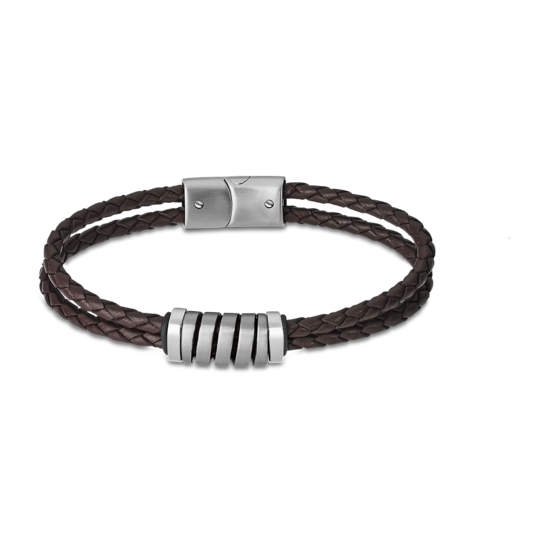 Lotus Bracciale 2 Fili Pelle Marrone e Acciaio