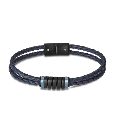Lotus Bracciale 2 Fili Pelle Blu e Acciaio Pvd Nero