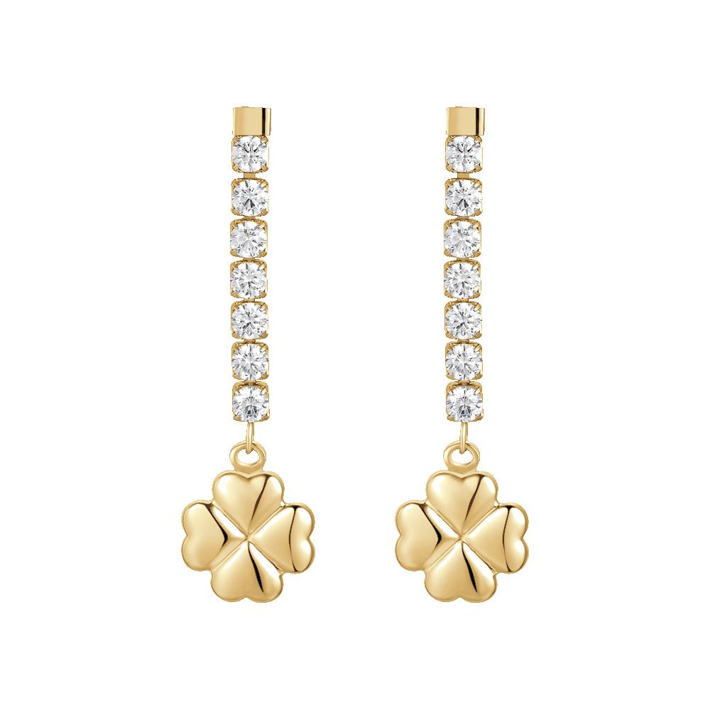 Luca Barra Orecchini Acciaio Gold Quadrifoglio e Zirconi