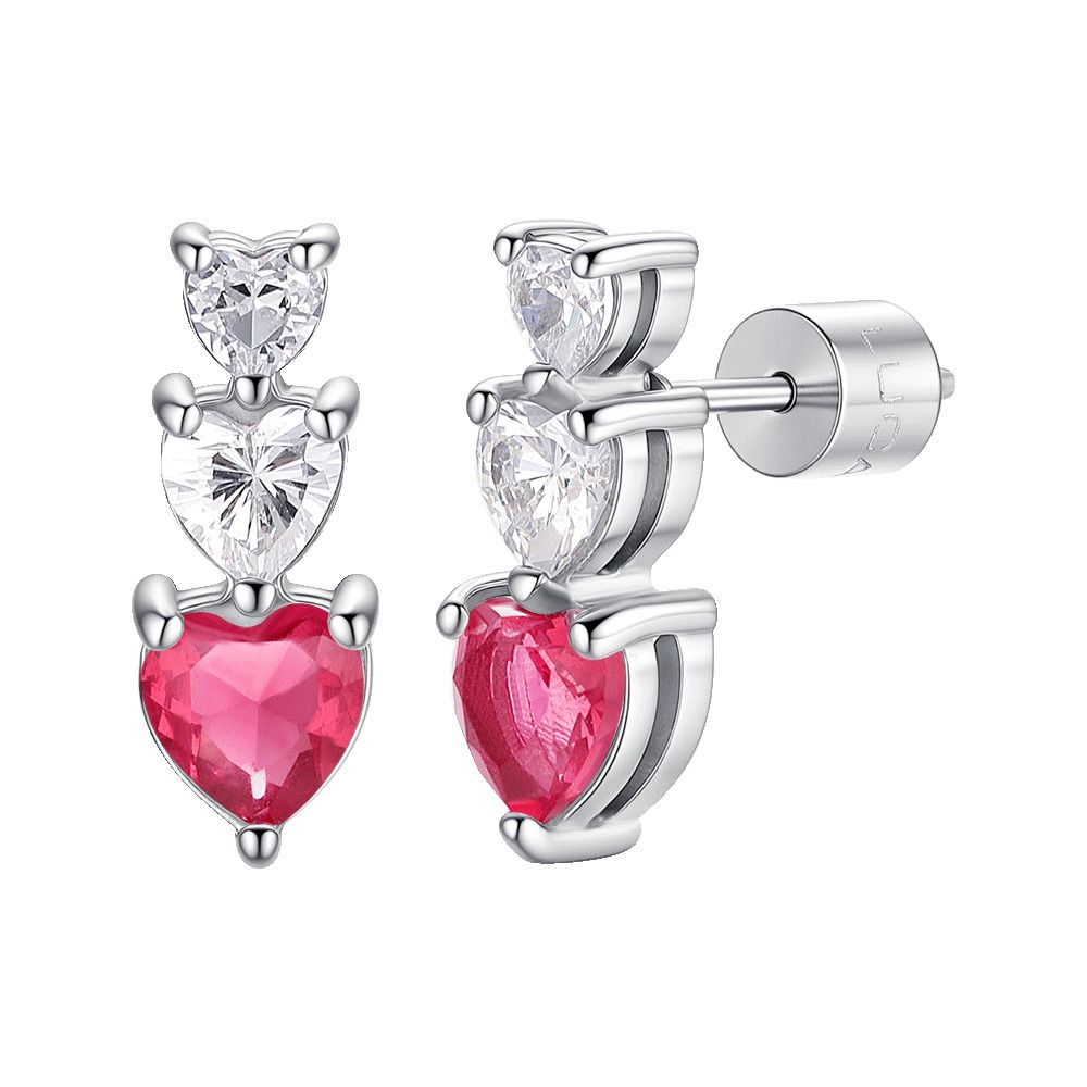 Luca Barra Mono Orecchino Acciaio 3 Cuori Bianchi e Rosso