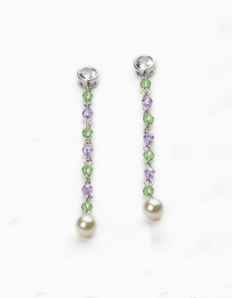 Barbieri Orecchini Metallo Rodiato Perla e Pietre Multicolor