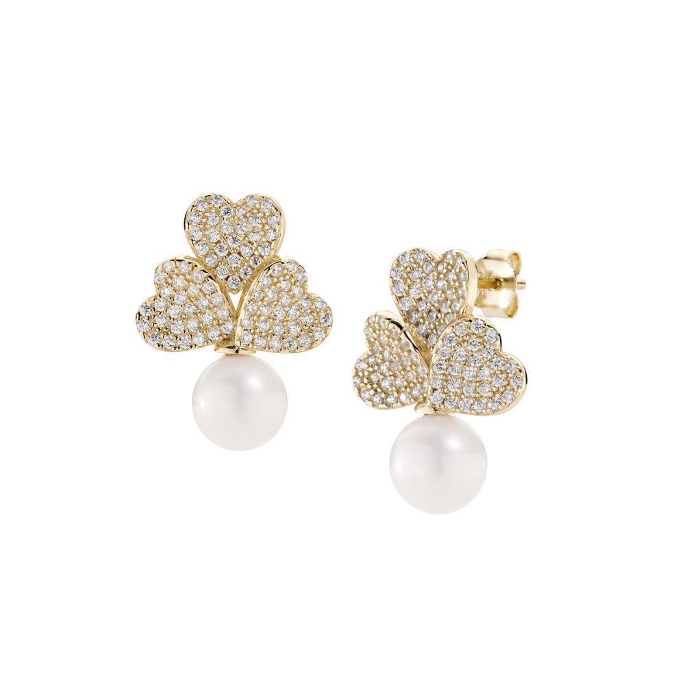 Amen Orecchini Argento Gold Tris di Cuori e Perla