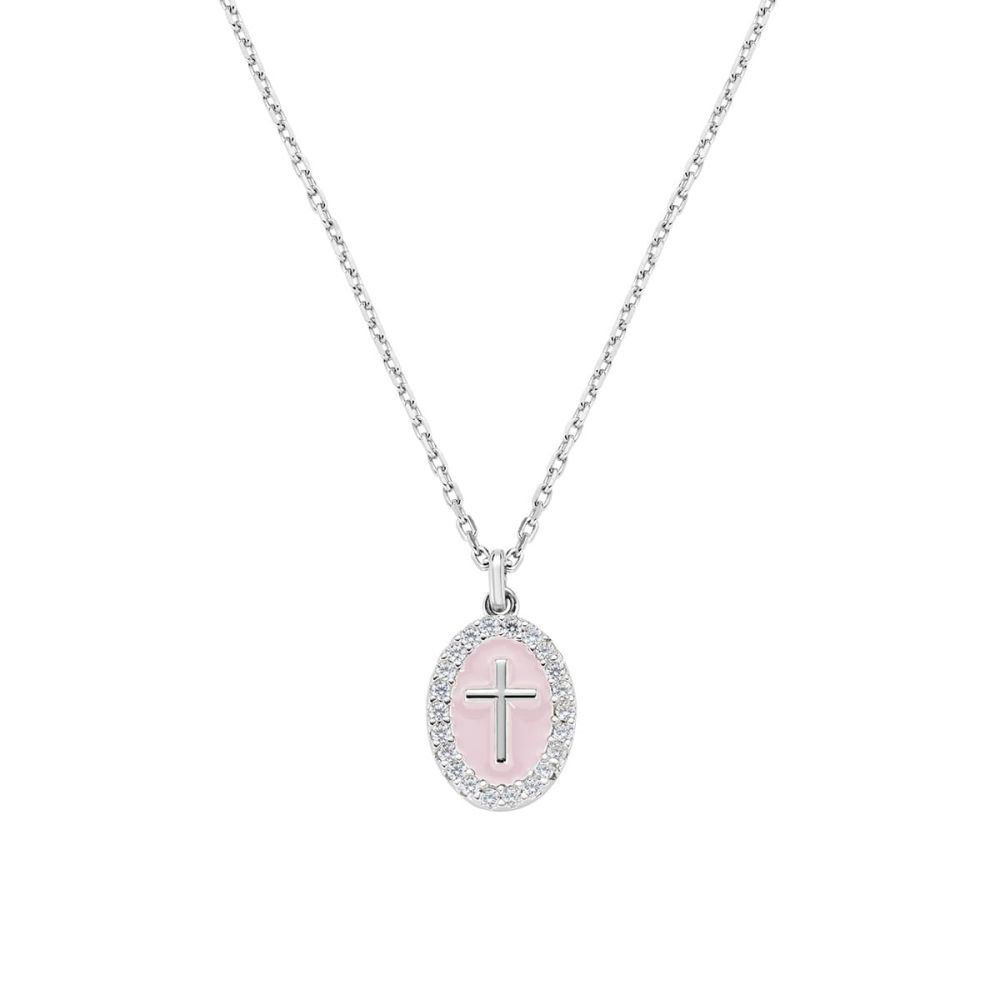 Amen Collana Ottone Croce Smalto Rosa