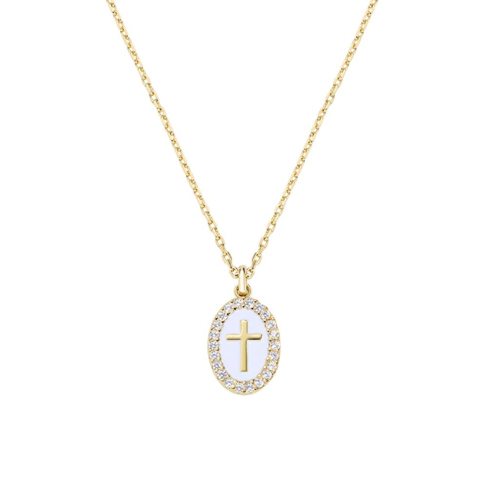 Amen Collana Ottone Gold Croce Smalto Bianco