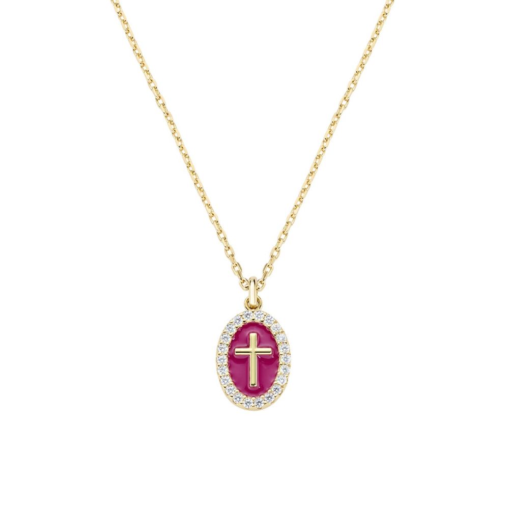 Amen Collana Ottone Gold Croce Smalto Bordeaux