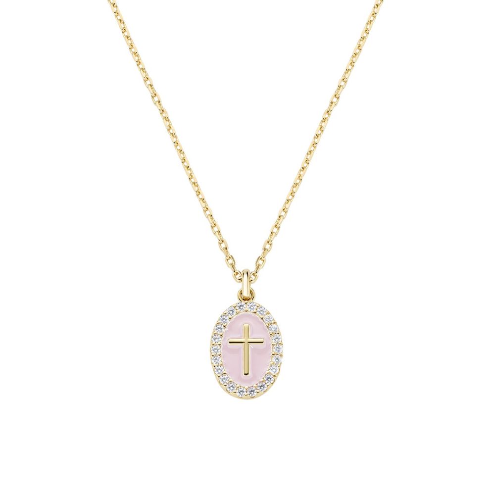 Amen Collana Ottone Gold Croce Smalto Rosa