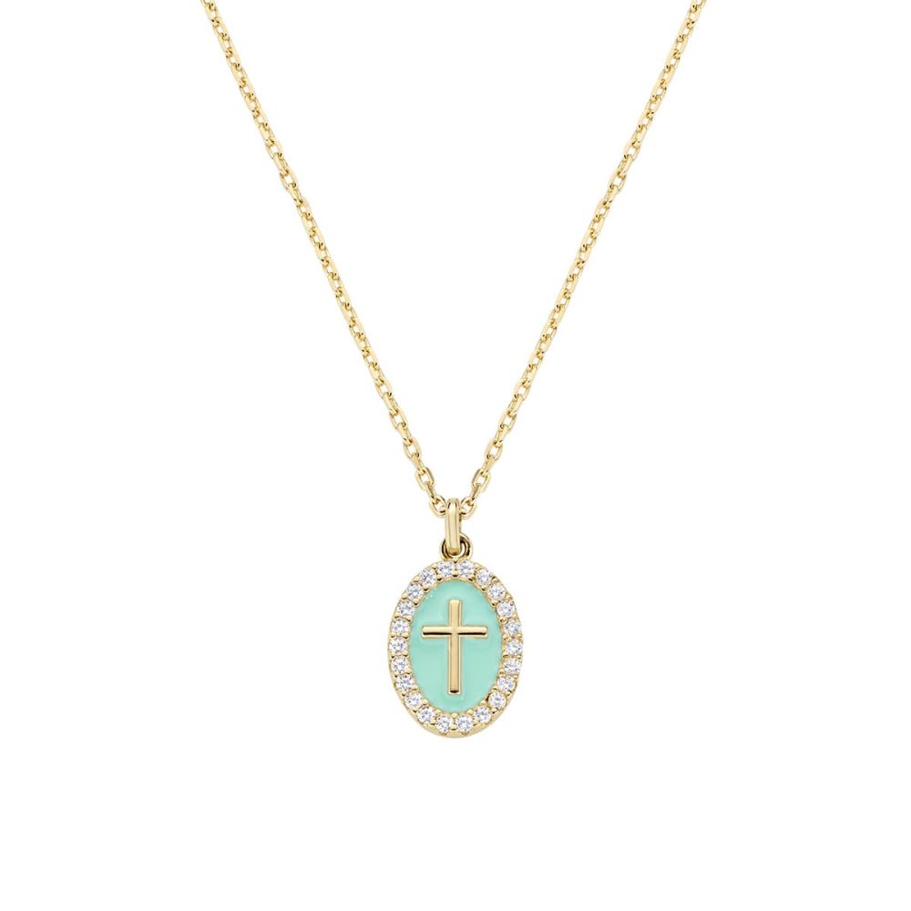 Amen Collana Ottone Gold Croce Smalto Verde