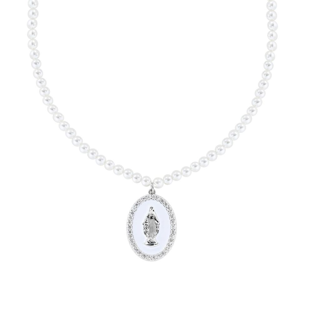 Amen Collana Ottone Perle e Madonnina Smalto Bianco