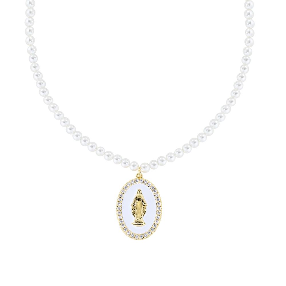 Amen Collana Ottone Gold Perle e Madonnina Smalto Bianco