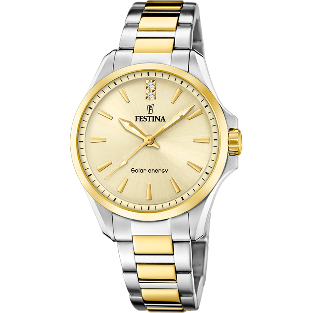 Festina Orologio Solare Acciaio Bicolore Solo Tempo Quadrante Gold