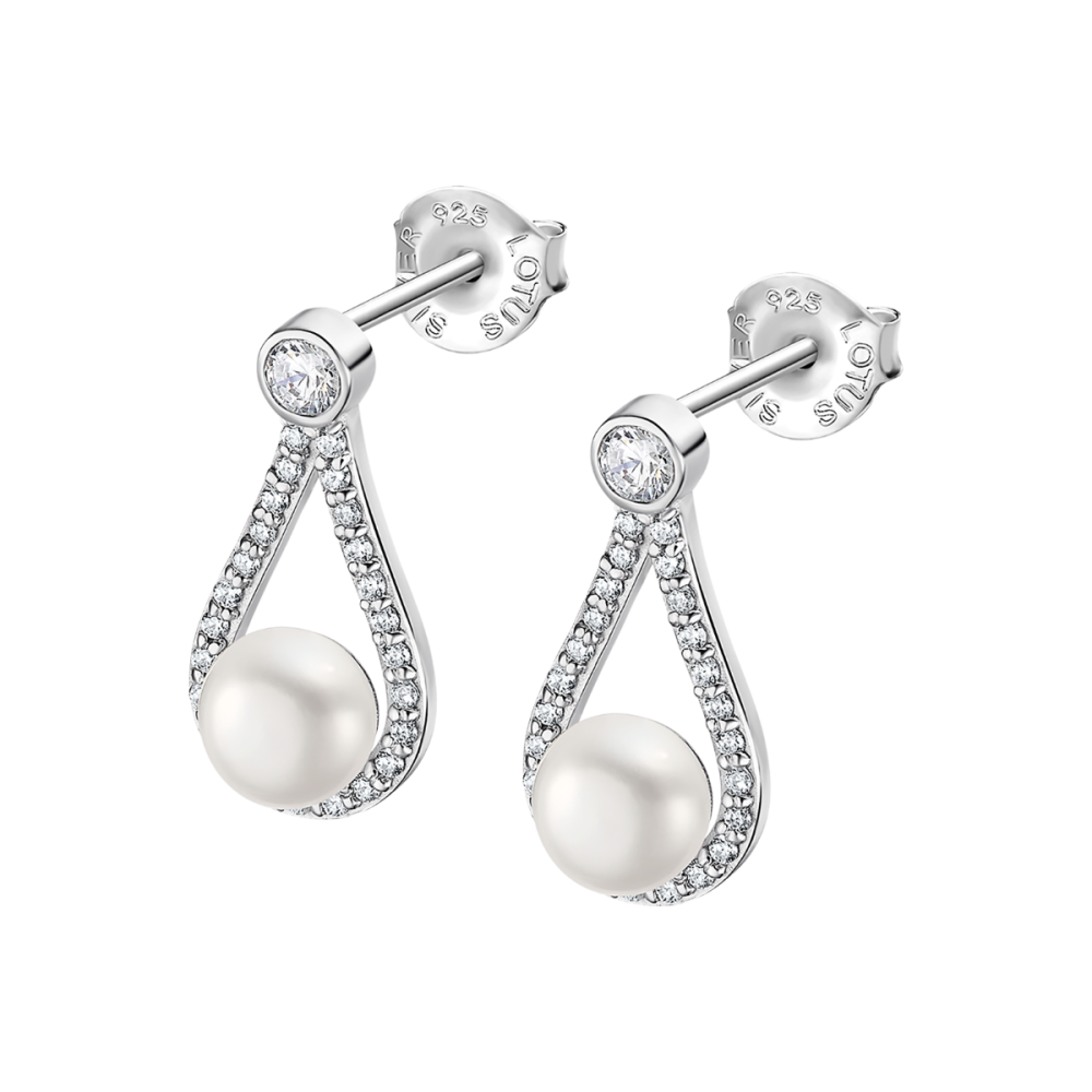 Lotus Orecchini Argento Rodiato Pendente con Perla