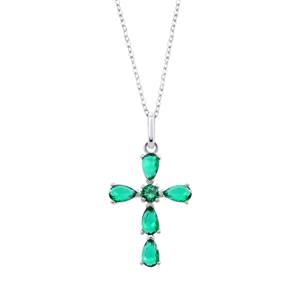 Lotus Collana Argento Croce con Cristalli Verdi