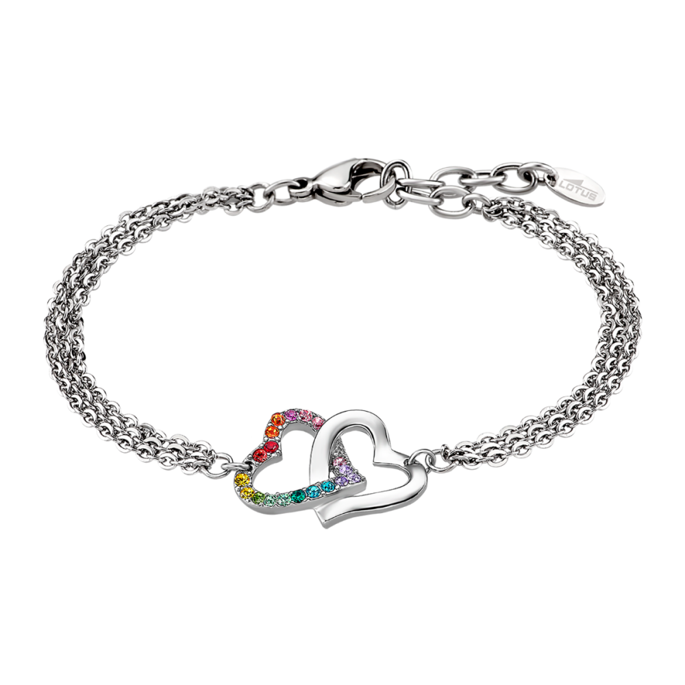 Lotus Bracciale 2 FIli Acciaio Cuori e Zirconi Multicolor