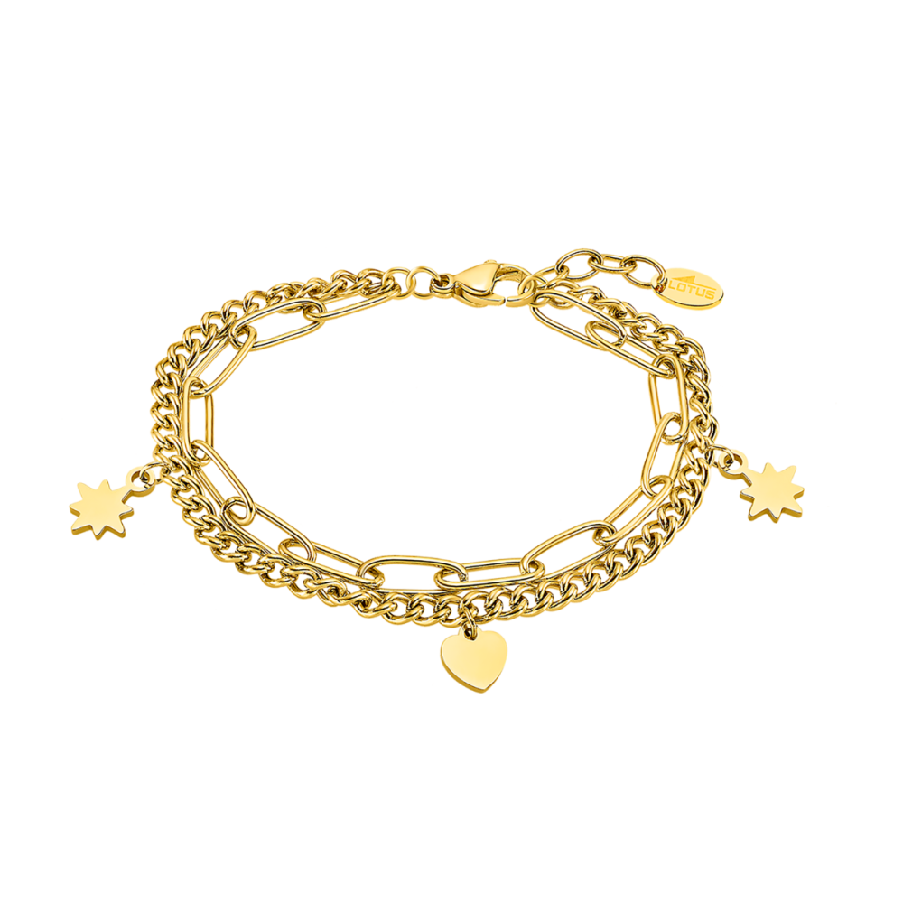 Lotus Bracciale 2 Fili Acciaio Gold Cuore e Stelle
