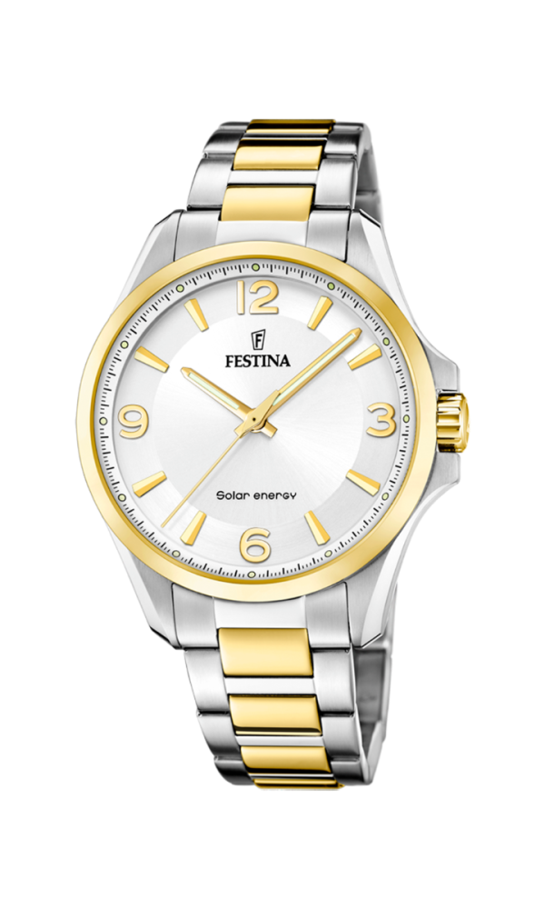 Festina Orologio Solare Acciaio Bicolore Solo Tempo Quadrante Silver