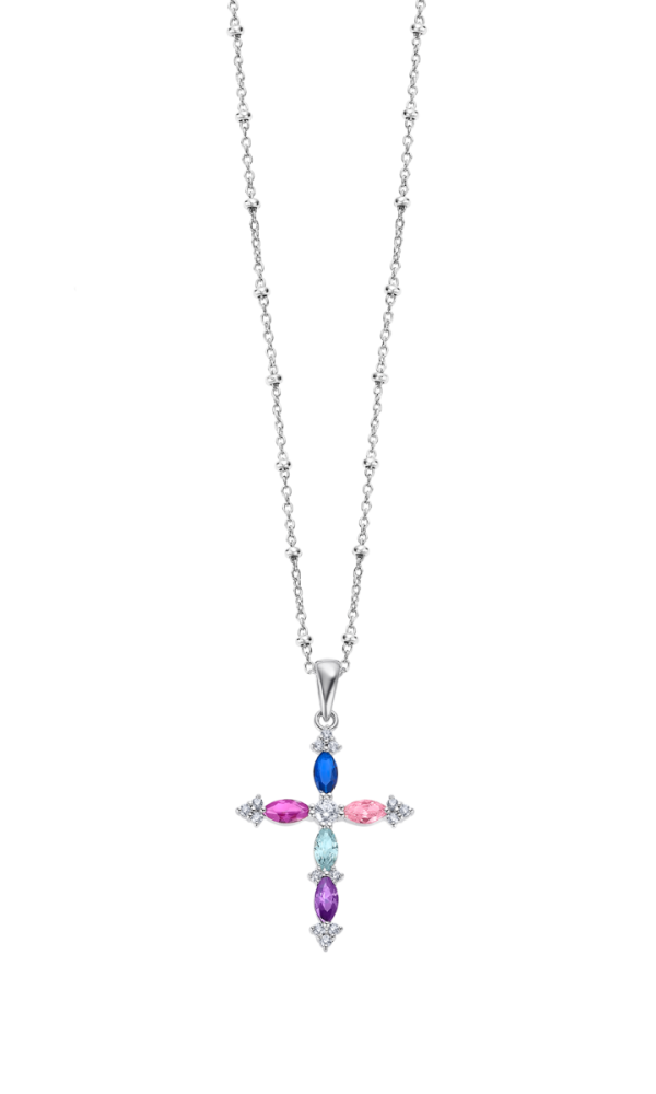 Lotus Collana Argento Croce Cristalli Multicolor