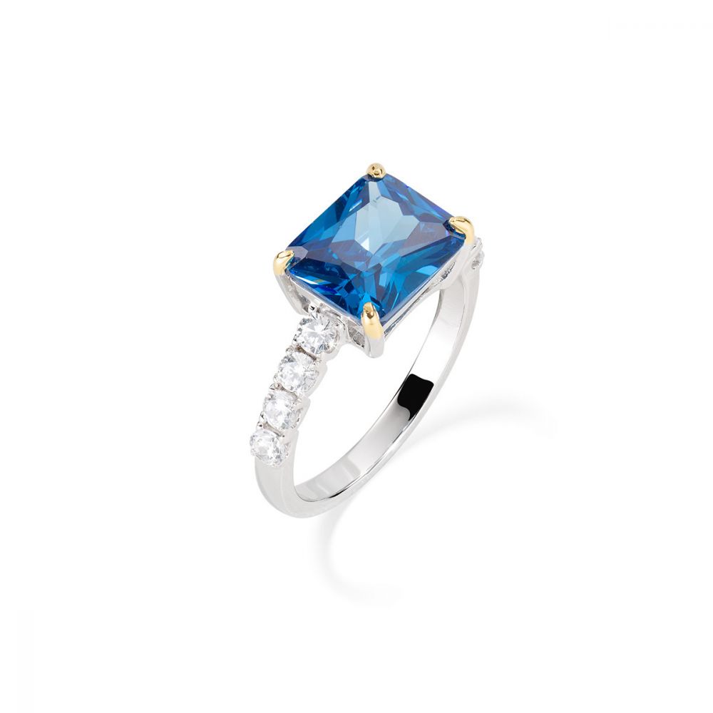 Amen Anello Argento Rodiato Zirconi Blu e Bianco
