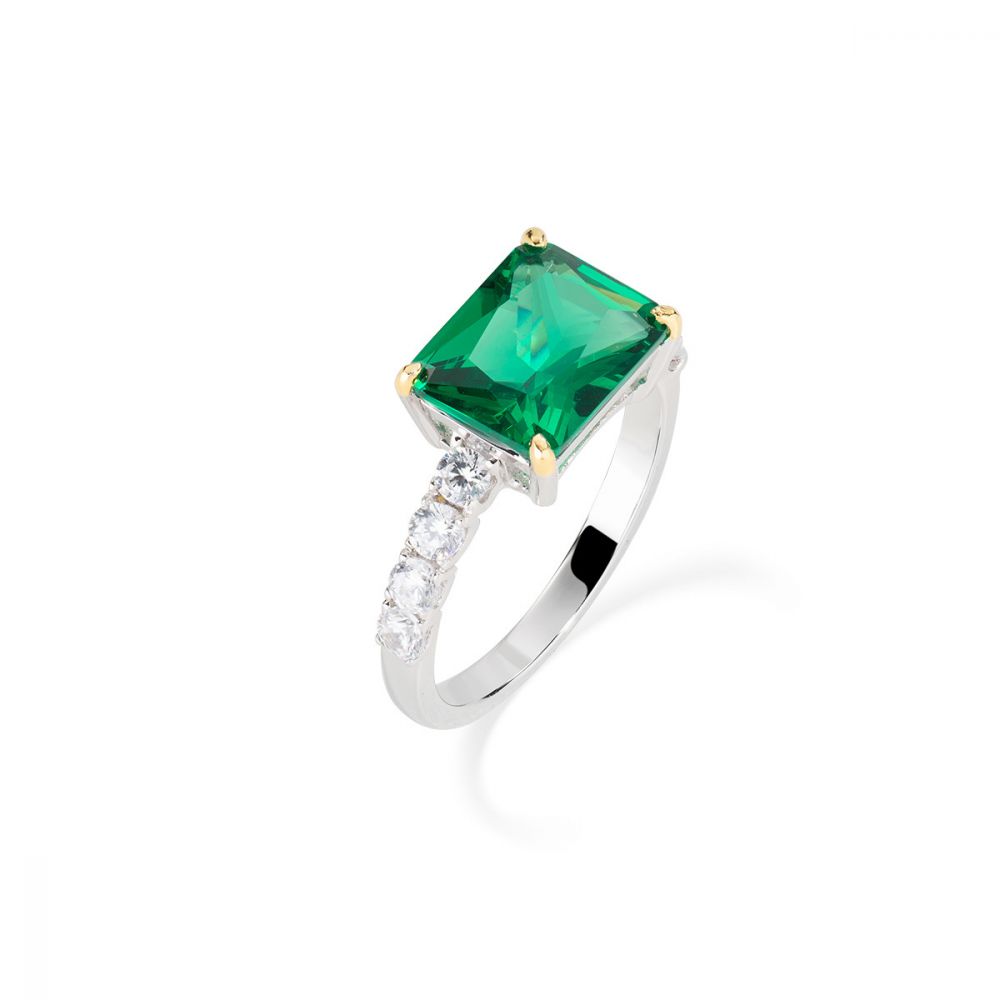 Amen Anello Argento Rodiato Zirconi Verde e Bianco