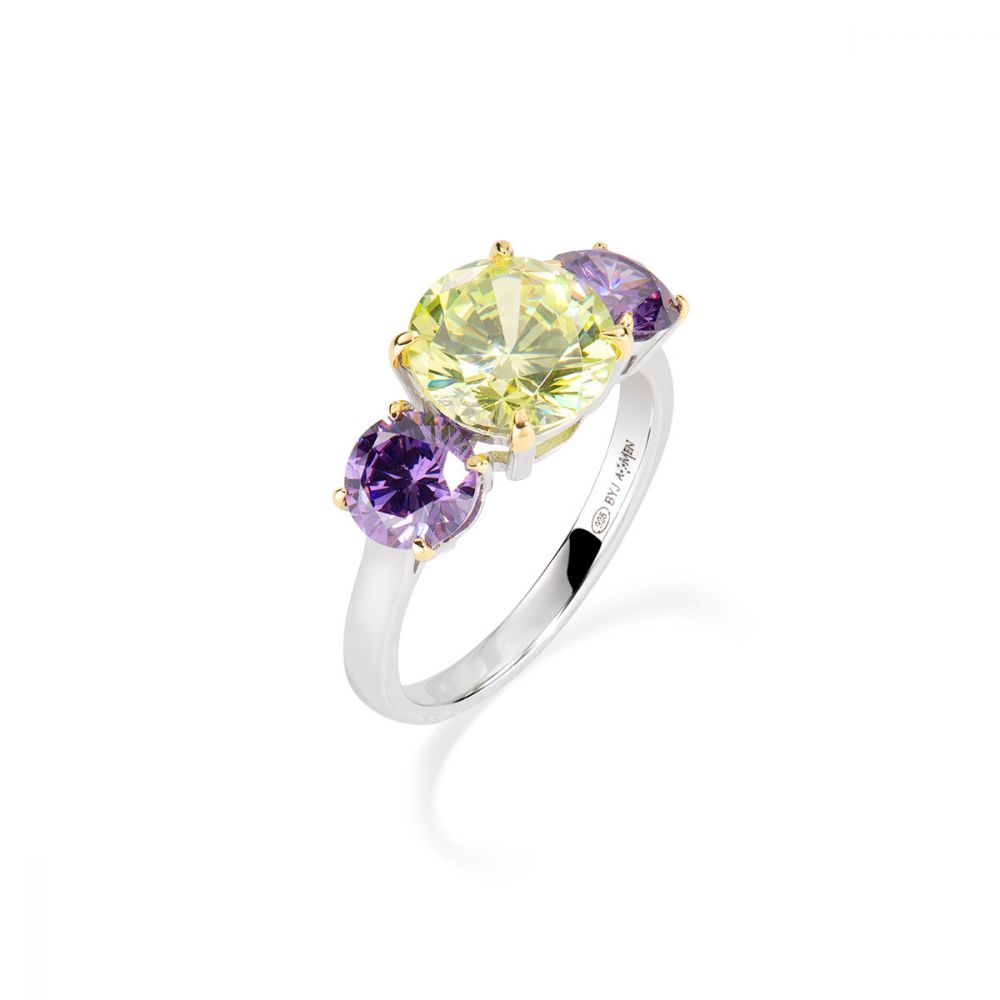 Anello Argento Rodiato Zirconi Verde Mela e Viola