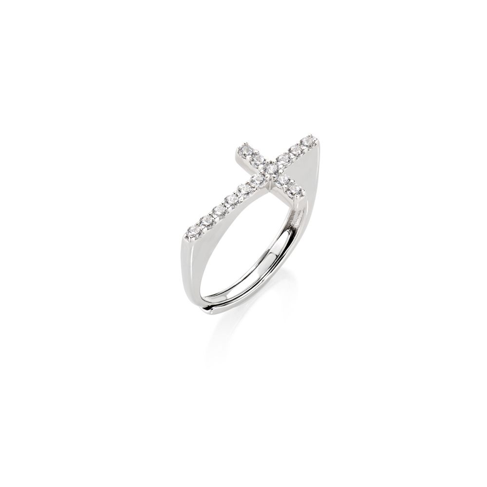 Amen Anello Argento Croce Zirconi Bianchi