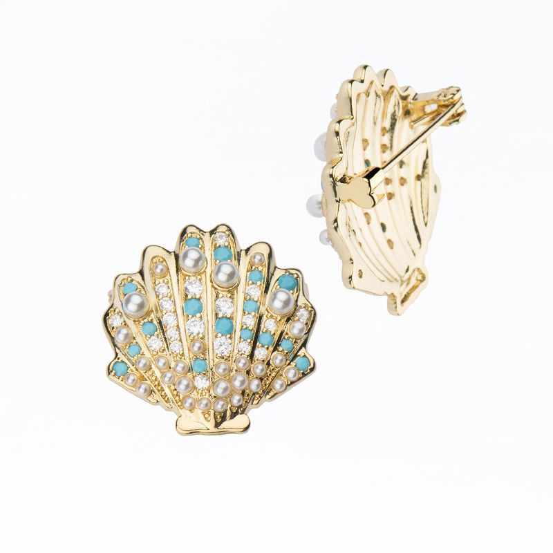 Barbieri Spilla Conchiglia Metallo Gold e Zirconi Turchesi