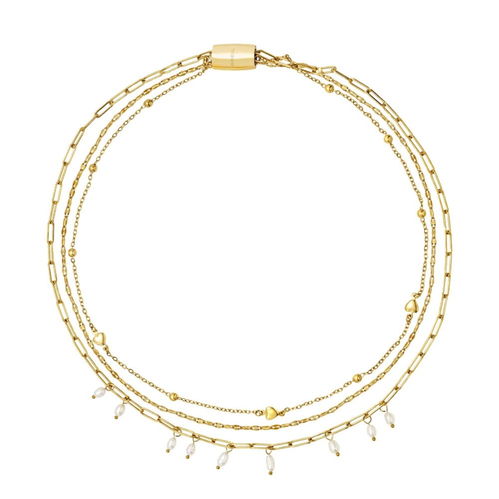 Breil Collana 3 Fili Acciaio Gold Perle e Cuori Magnetica