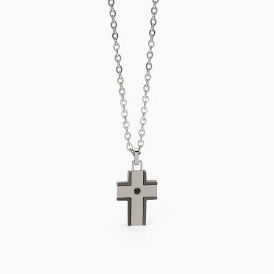 2 Jewels Collana Acciaio Croce Gunmetal e Cristallo Nero