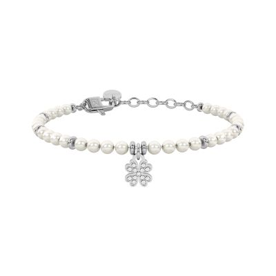 Kidult Bracciale Acciaio Perle e Quadrifoglio Symbols