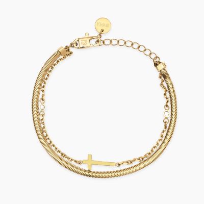 Kidult Bracciale 2 FIli Acciaio Gold con Croce Style