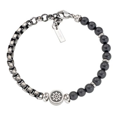 Amen Bracciale Uomo Acciaio Sfere Nere e Timone