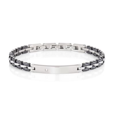 Amen Bracciale Acciaio Ceramica Nera e Diamante