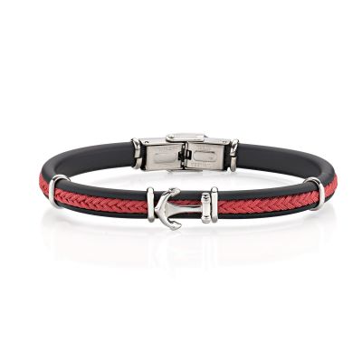 Amen Bracciale Acciaio Caucciù Nero e Cotone Rosso